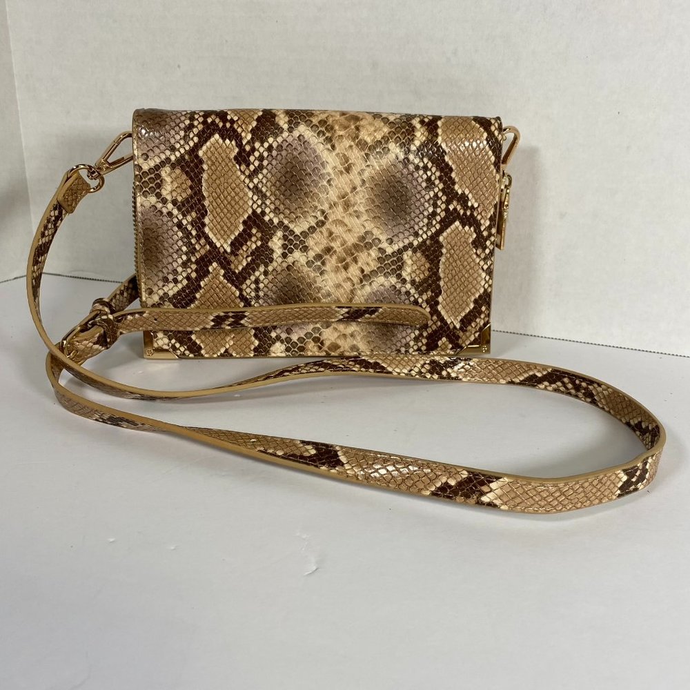 Francesca's Abigail Textured Zip Around String Crossbody Snakeskin Brown Beige